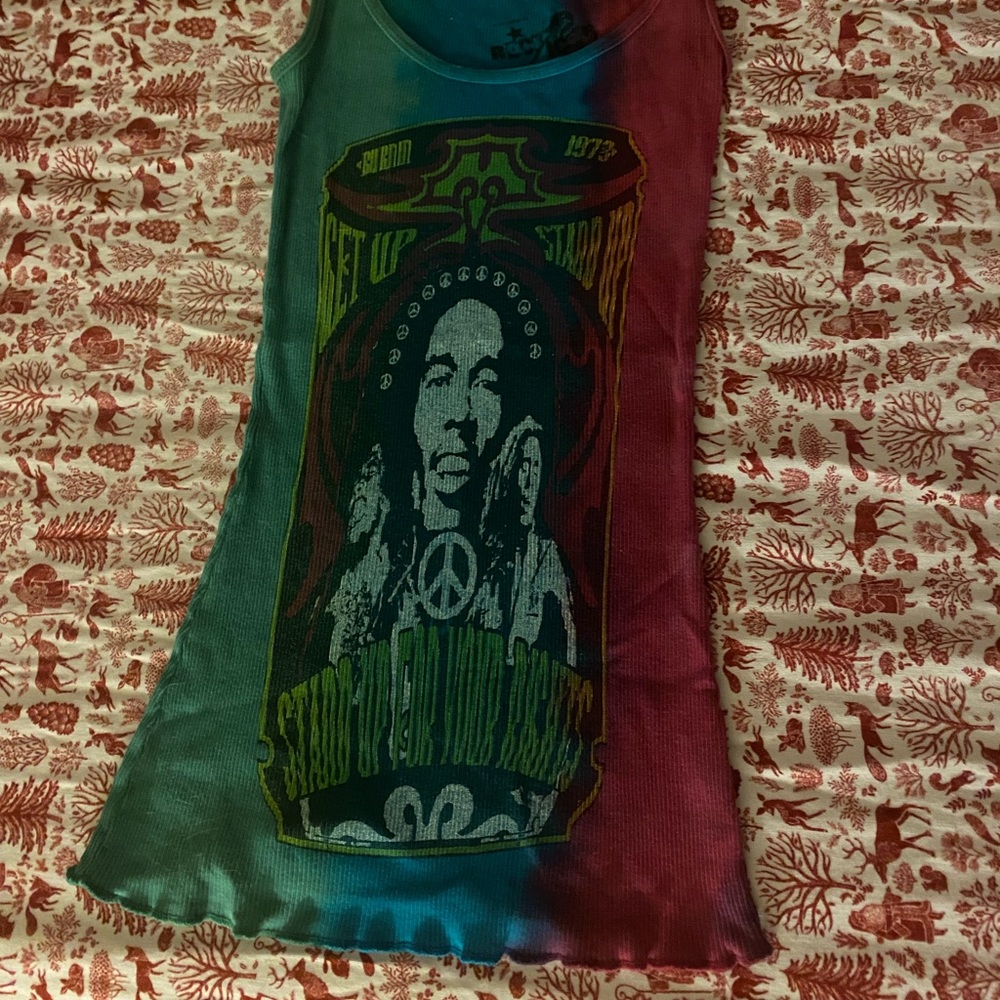 A sleeve less shirt. Multicolored. Bob Marley